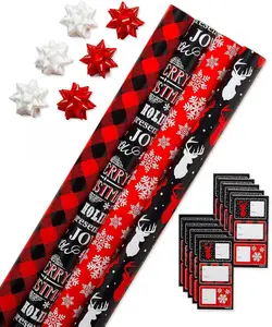 American Greetings Christmas Wrapping Paper, Red and Black Buffalo Plaid Holiday Gift Wrap Set (120 sq.ft., 4 rolls-30 in. x 12 ft., 7 Adhesive Bows, 30 Gift Tag Stickers) Rustic, Snowflakes, Reindeer