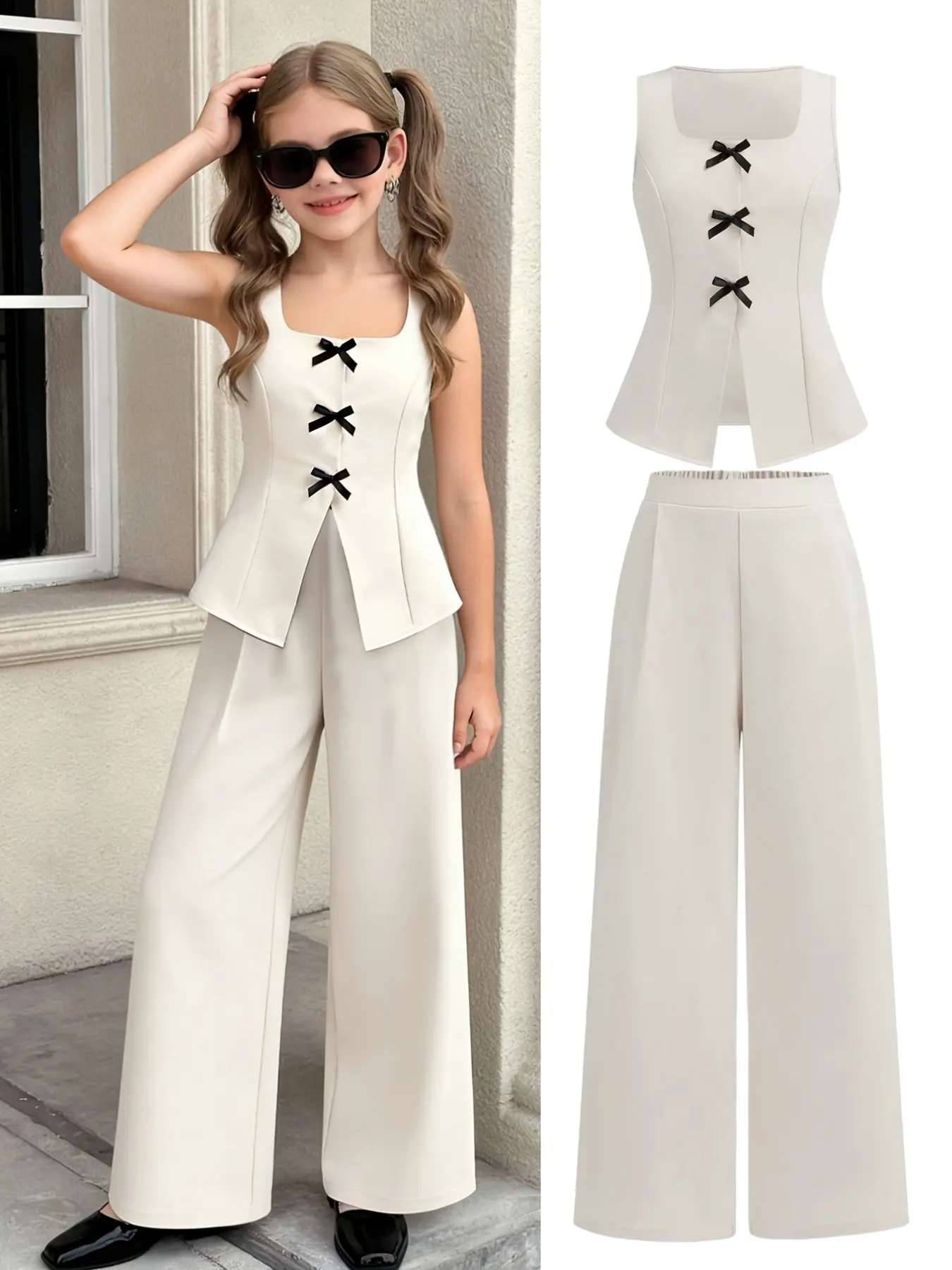 Teen Girl Clothes Set, Butterfly Knot Vest and Wide Leg Pants, Basic Casual for Daily Wear, School, Vacation, Spring Summer Fall
