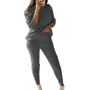Women's 2025 Fall Sweater Set 2 Piece Outfits Cable Knit Chunky Crew Neck Pullover Top Pants Loungewear