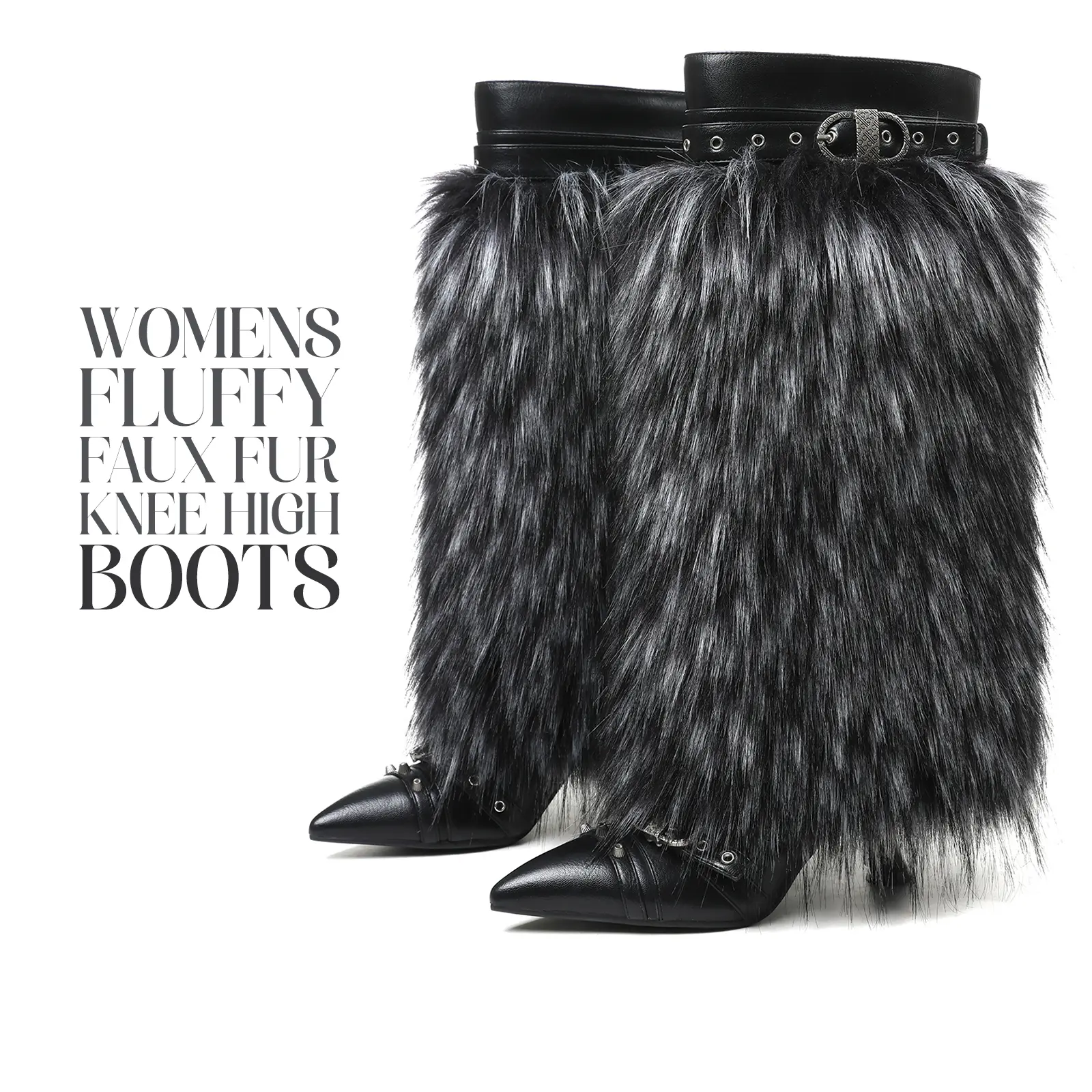 Womens Fluffy Detachable Faux Fur Knee High Boots Pointed Toe Flared Kitten Heel Pull On Adjustable Buckle Starp Side Zipper Fashionable Comfortable Party Outing Casual Summer Spring Winter All Season Studded Boots Deals For You Days