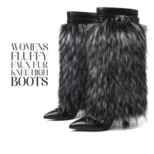 Womens Fluffy Detachable Faux Fur Knee High Boots Pointed Toe Flared Kitten Heel Pull On Adjustable Buckle Starp Side Zipper Fashionable Comfortable Party Outing Casual Summer Spring Winter All Season Studded Boots