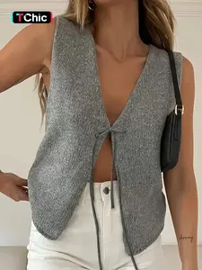 Women's Solid Color Tie Front V Neck Sweater Shrug Vest, Casual Sleeveless Fitted Knitwear Top for Summer, Fashion Women's Knit Clothing for Daily Wear, Going Out Tops, Womenswear
