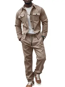 Men's Spring & Fall Knit Suede Workwear Set, Long Sleeve Shirt Jacket, Casual Sportswear with Pockets, Button Borders