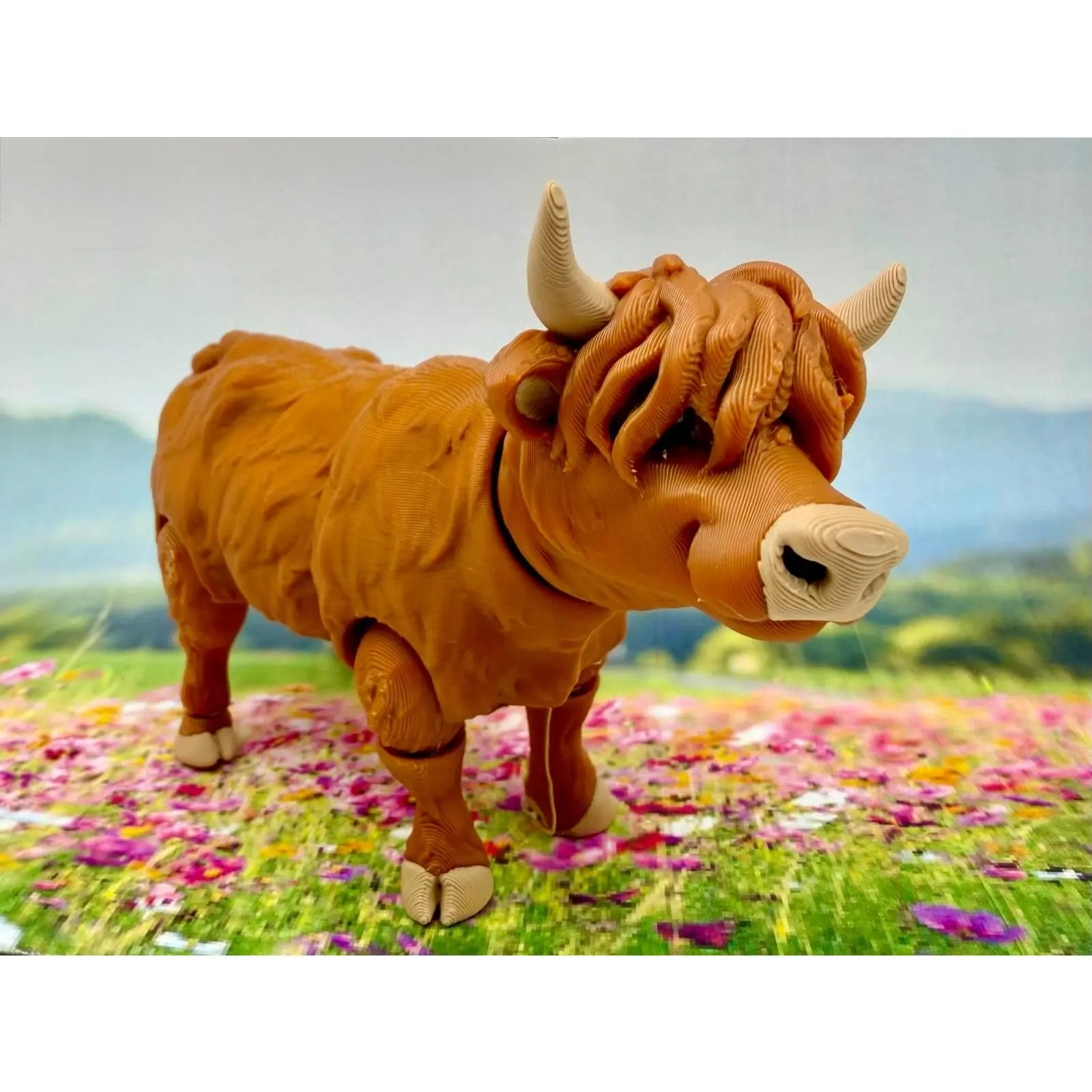 3D Printed Cream Highland Cow Figurine - PLA Plastic, Articulated Standing Collectible, Cute Animal Design Desktop Ornament, Gift for Figurine Enthusiasts