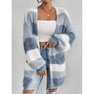Stripe Pattern Open Front Cardigan, Casual Long Sleeve Dual Pockets Fluffy Cardigan For Fall & Winter, Women's Clothing Fabric Knitwear