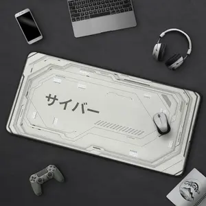 White Cyber Gaming Mousepad, Cyberpunk Desk Mat, Futuristic Sci-Fi Design, Large Extended Mat, Cool Minimalist Tech, Kanji For "Cyber"