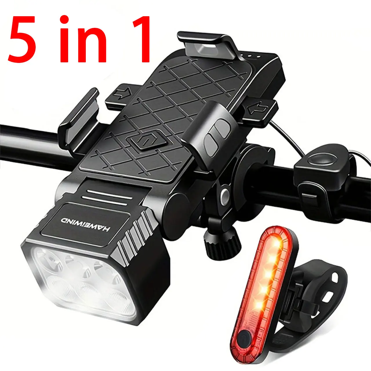 5-in-1 Multi-Function LED Bike Light Cycling Accessory - Ebike Accessories, Electronic Horn, Headlight, Tail Light, Bike Mount, Power Bank, 5 Lighting Modes, Ultra-Bright Illumination, Night Riding Safety, Ideal for Cyclists