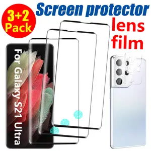 3 Pack Screen Protector for Samsung Galaxy S21 Ultra (Soft film), 2 Pack Camera Lens Protector, Fingerprint Unlock, Anti-Scratch, Easy Installation, Curved Edge Coverage