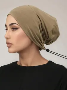 Women's Pure Color Elastic Drawstring Headscarf Cap, Muslim Convenient Scarf, Breathable Hijab, Daily Use Fashion Accessory
