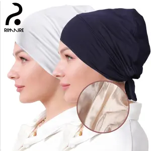 RIMAIRE Muslim Inner Hijab Caps with Satin lining Women Solid Color Under Hijab Caps Stretchy Breathable Full Cover Undercap