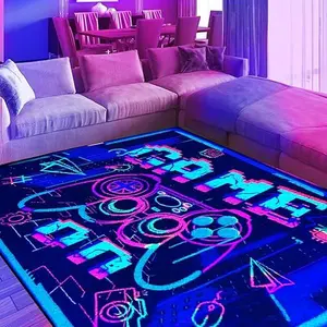 Neon Gaming Area Rug, 3D Blacklight Game Controller Carpet, Non-Slip UV Reactive Fluorescent Floor Mat, Glow in The Dark Large Play Mat for Kids Game Room Playroom