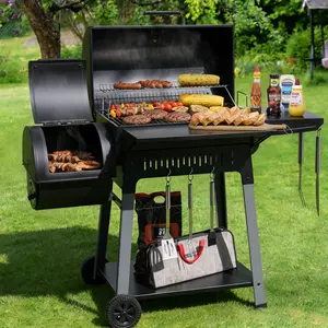 Royal Gourmet Barrel Charcoal Grill with Offset Smoker, 824 Sq. In. Large BBQ Pit, Front Shelf + Side Shelf with Hooks & Bottom Shelf, Heavy Duty Outdoor Smoker with Blow-Molded Wheels, Frame Tool Hooks, Perfect for Backyard Cooking, Black