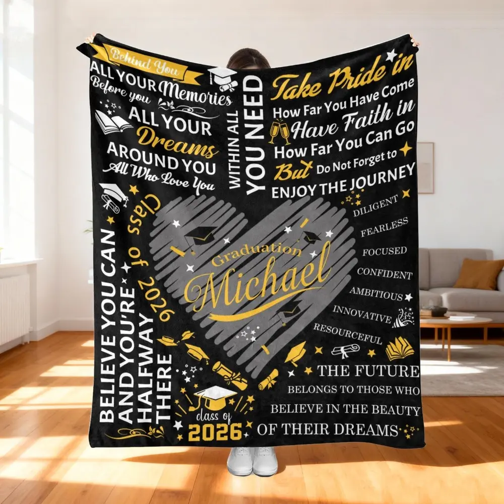 Personalized Graduation Blanket - Custom Class of 2026 Custom Text Black Gold Heart Throw, "Michael" Personalized Grad Gift for Graduation-Themed Blankets Needs, Personalized Blankets