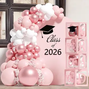 Graduation Decorations 2026,4 Pcs Transparent Balloon Boxes with Letters of GRAD,PROUD OF YOU,Class of 2026 and 130pcs Light Pink Balloons Arch for High Sc