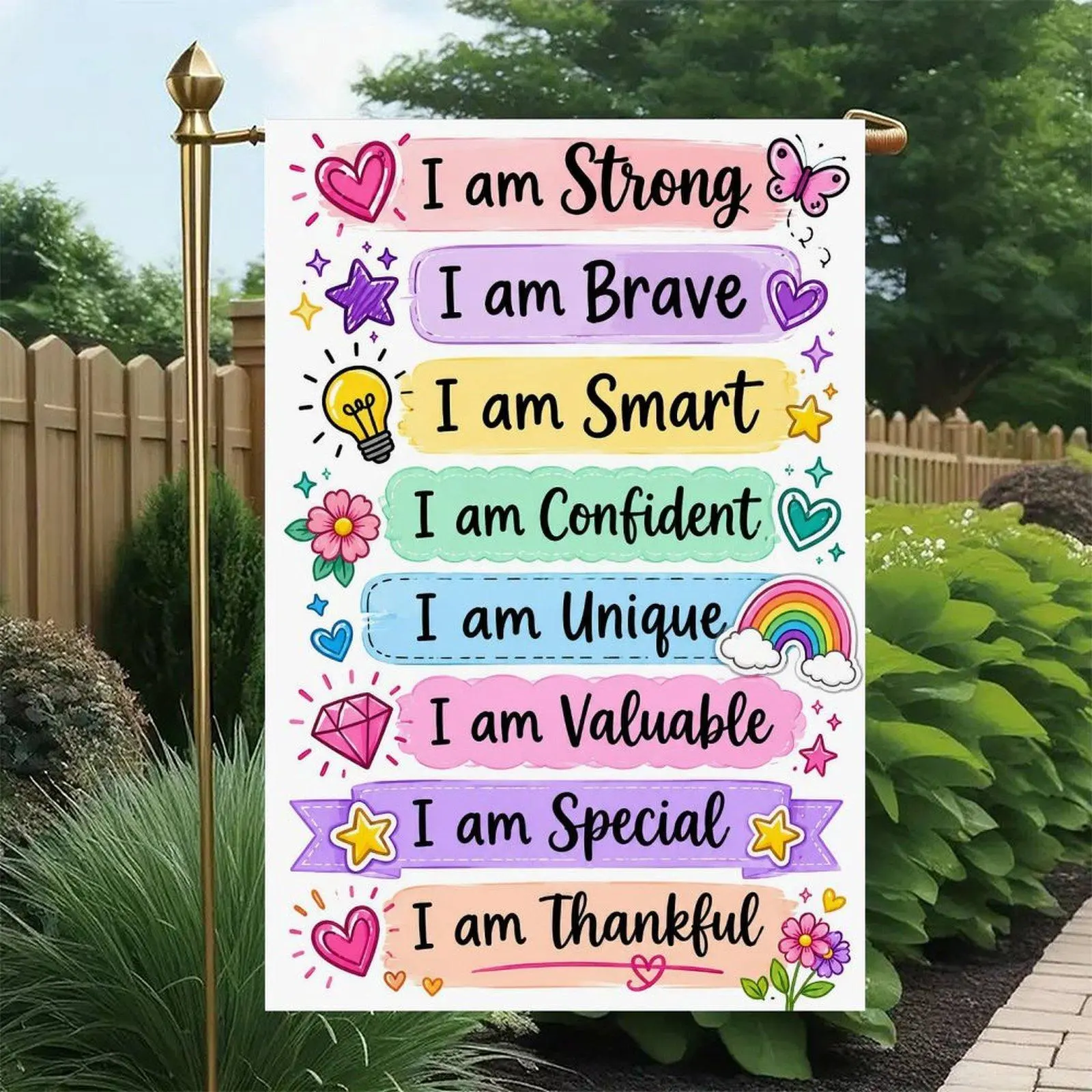 Positive Affirmation I Am Strong Brave Confident Rainbow Heart Garden Flag, Double Sided, 12 x 18 Inch, Inspirational Kids Encouragement Outdoor Yard Decor Flag