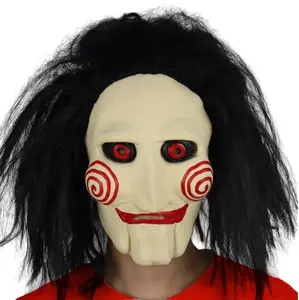 Jigsaw Halloween Mask with Wig Hair | Creepy Horror Latex Puppet Mask Prop for Unisex Halloween Cosplay Party | Scary Saw Mask Costume Party