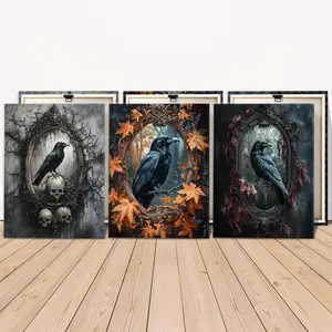 Crow Pattern Canvas Painting with Frame, 3 Counts/set Wooden Framed Wall Art, Wall Decor for Home Living Room Bedroom Office