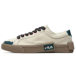 FILA FUSION Men's Pop-Textured Suede and Corduroy Low-Top Lace-Up Casual Sneakers in Beige and Blue Verifiable, with credentials and supporting global authentication