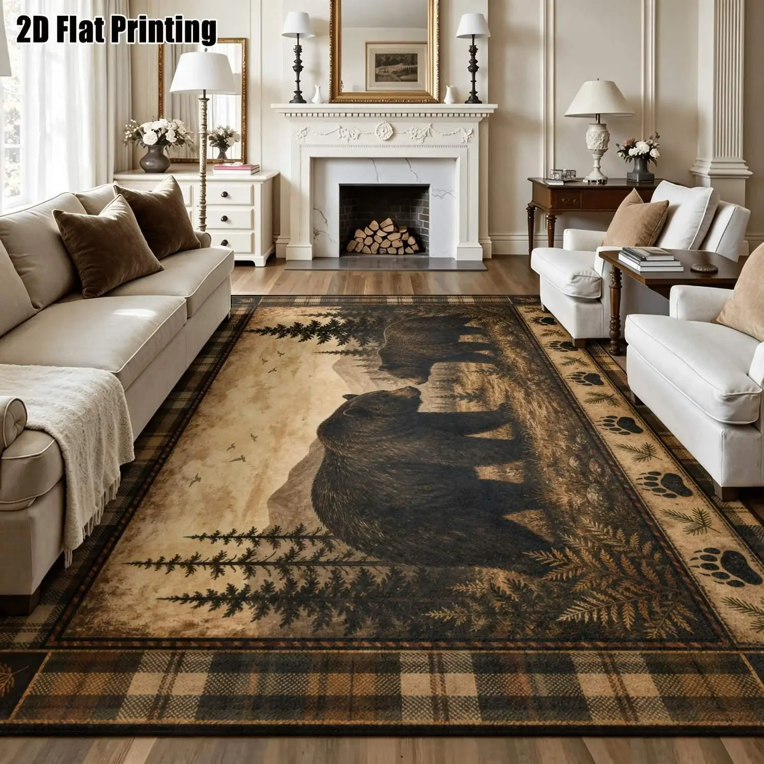Large indoor area rug, soft velvet low-pile rug with non-slip dotted backing, machine washable, rustic wilderness bear scene with plaid border, great for cabin living room, bedroom, lodge home decor