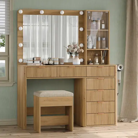 [Shipping By 2 Packages] FUSOU 47'' W Fluted Vanity Desk Makeup Vanity with Power Oultlet, 7 Drawers Vanity with 10 LED Lights and Mirror, 3 Lighting Modes Adjustable, Glass Top, Vanity with Chair for Bedroom, Natural