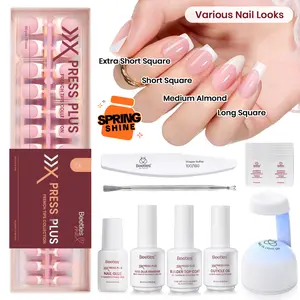 Beetles X Press Plus French Press On Nails Tips Kit, Pink Brown Short Square Almond Shape Natural Acrylic Nail Tips Effortless Beauty & DIY Manicures -   Easter Nail Designs Spring Floral Nails Vacation Nails Graduation Nails  newyearnewme valentinesday