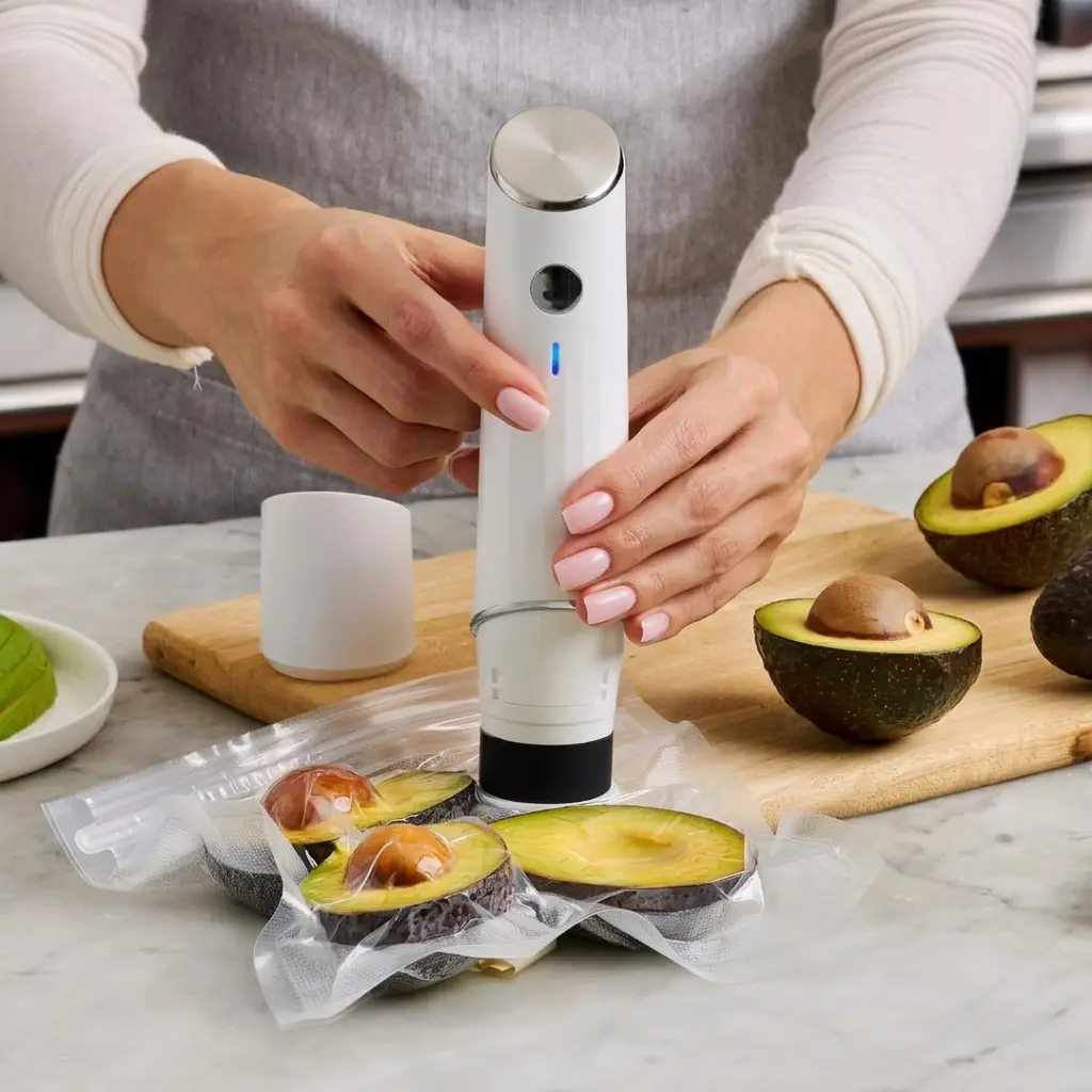 Chef Preserve Compact Vacuum Sealer for Food, Handheld Portable Cordless Sealer Machine with Reusable BPA Free Vacuum Bags and Charging Dock, Rechargeable Wireless Food Sealer for Meat Fish Vegetables Fruits Leftovers, Travel Camping RV Meal Saver