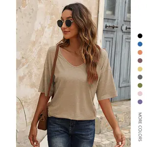 Danedvi Womens Tops Dressy Casual V Neck T Shirts Solid Short Sleeve Tshirts Trendy Loose Fit Summer Tops for Daily Going Out