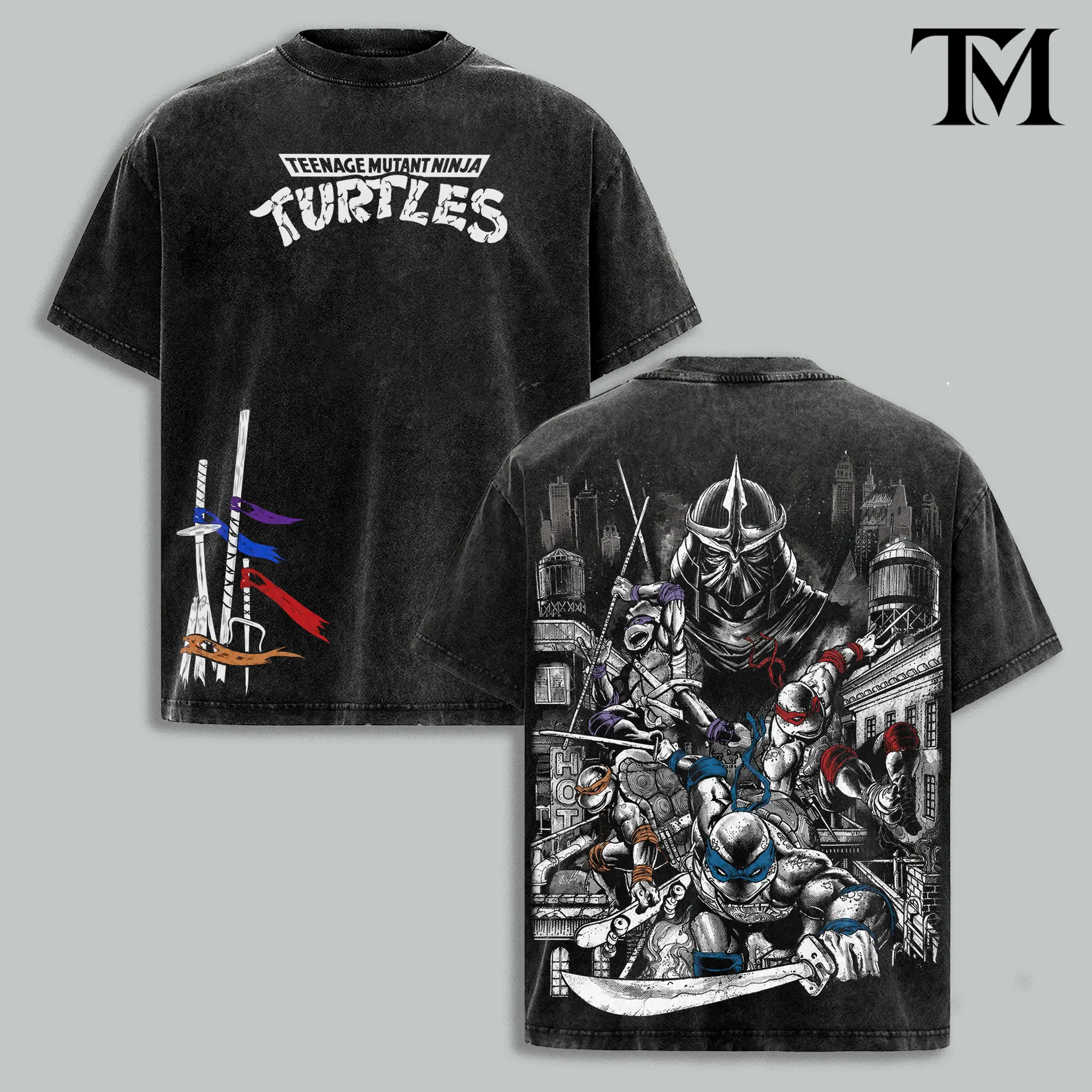 Vintage Black Washed TMNT T-Shirt, Front "Turtles" Logo & Side Weapon Flags + Back Full TMNT & Shredder Print, Oversized Unisex Tee for Retro Anime Fans & Street Style