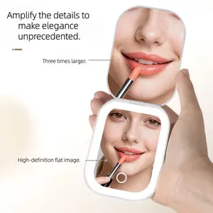 LED Light Three-Color Adjustable Cosmetic Makeup Mirror, Rechargeable Portable Foldable Travel Mirror, LED Lighted Mirror, Triple Magnification, Perfect for Travel