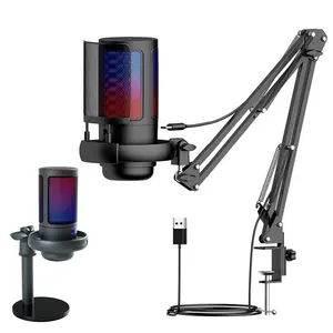 USB Gaming Microphone, USB Condenser Microphone with Quick Mute, Cantilever Stand, Pop Filter with RGB Indicator with Shock Mount and Volume Control for PS4, PS5 and PC, Audio, Dynamic RGB Mic