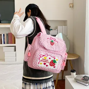 Kawaii Embroidery Strawberry Backpack for Girls Cute Pink Lace JK School Bag with Side Pockets Lightweight Comfortable for Teen Students Water Resistant Durable 30x37x13cm