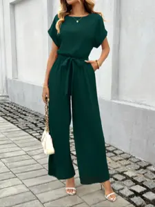 Women's Solid Color Jumpsuit, Elegant Fashion Casual Jumpsuit for Daily Outdoor Wear, Ladies Clothes for All Seasons, Adjustable Waist Jumpsuit, Tie Waist Jumpsuit