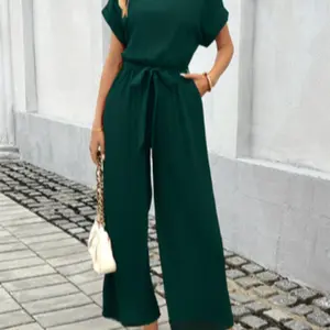 Women's Solid Color Jumpsuit, Elegant Fashion Casual Jumpsuit for Daily Outdoor Wear, Ladies Clothes for All Seasons, Adjustable Waist Jumpsuit, Tie Waist Jumpsuit