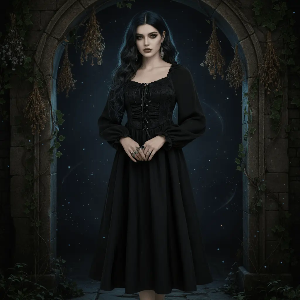 Women's Midnight Enchantress Gothic Lace-Up Witchwear Dress - All Seasons Edgy Style Garment, Plain Pattern, Figure-Flattering Silhouette, Dark Elegance, Casual Wear Statement Piece