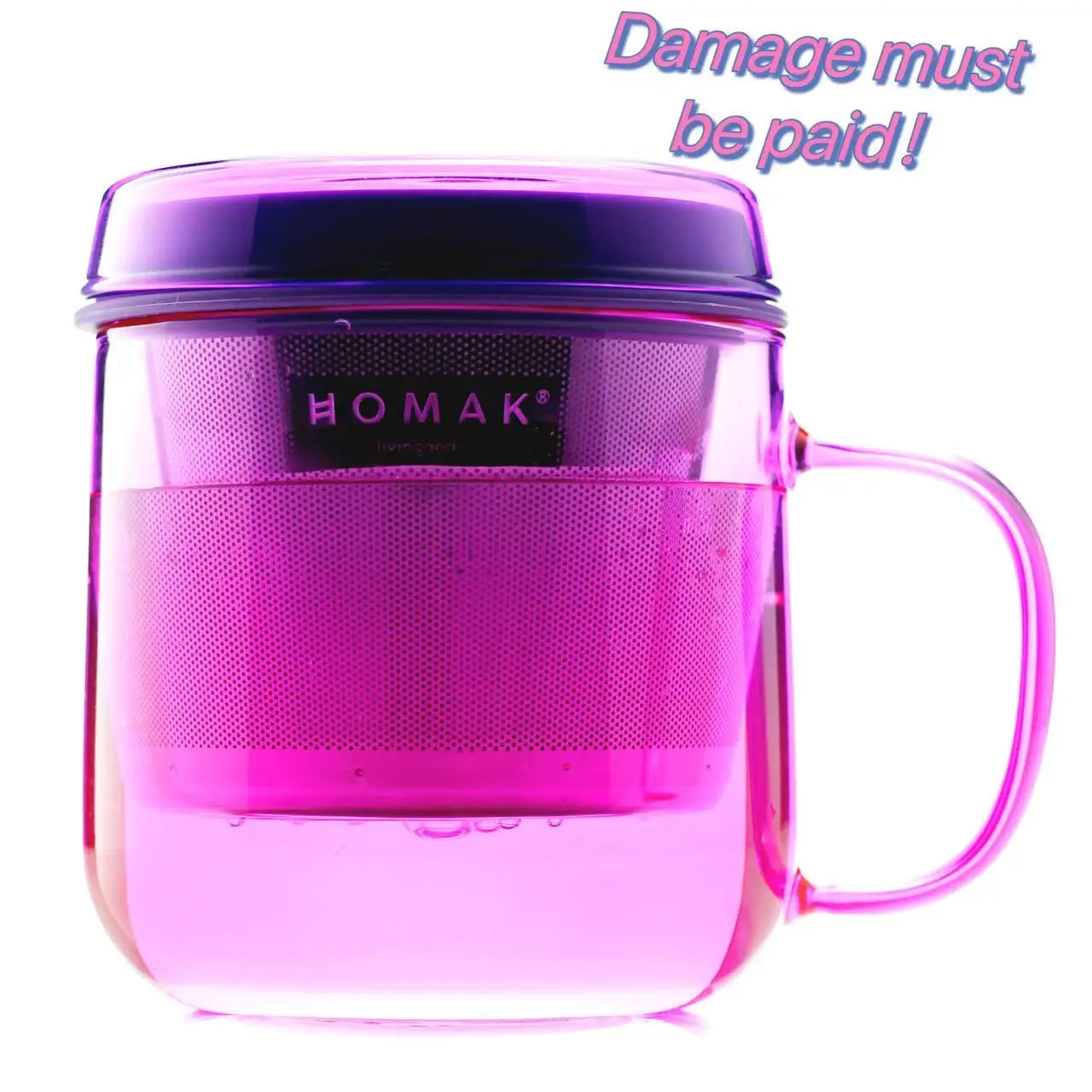 HOMAK-Hand Crafted Heatable Tea/Coffee Glass with Mug Stainless Steel Infuser Lid, Double-Layer Strainer, for Loose Tea Coffee Powder ,Large (14oz) (