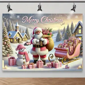 Enchanting Pink Santa & Snowman Christmas Backdrop Ideal for Winter Wonderland Photoshoots Holiday Events & Festive Decorations with Festive Snowman and Santa