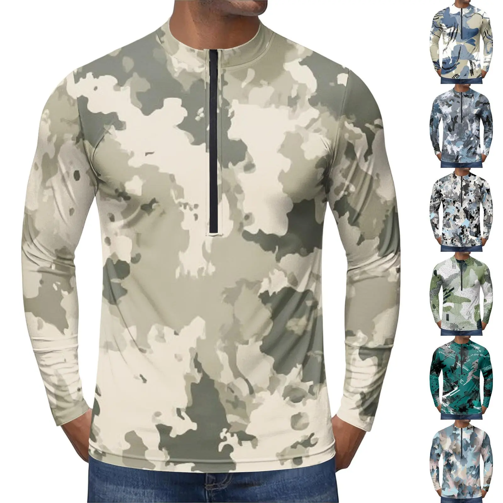 Men's Unisex Digital Camo Quarter Zip Pullover - Polyester Long Sleeve Moisture-Wick Tactical Jersey, Lightweight Quick Dry Multi-Size Outdoor Hiking Athletic Base Layer Top, Army Green, Machine Washable