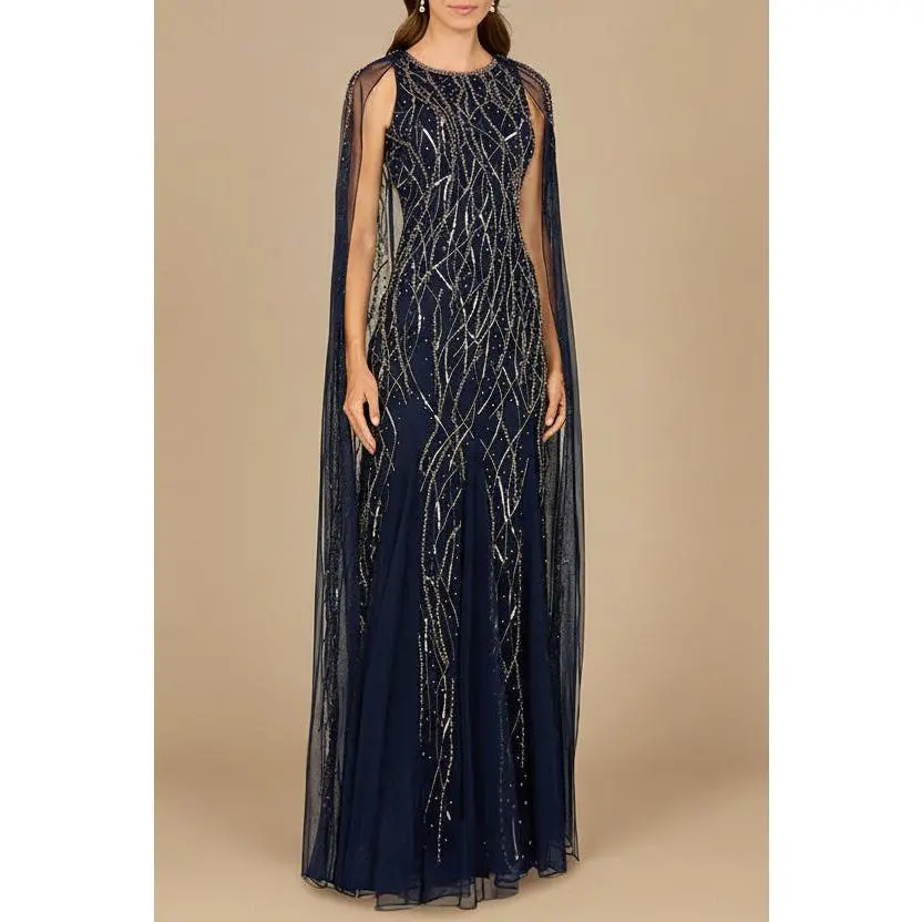 Elegant Beaded Dress with Long Cape