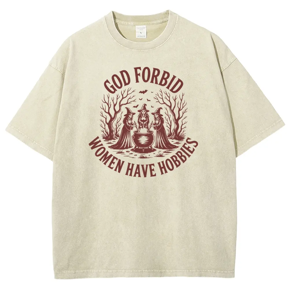 Men's Oversize Round Neck Short-Sleeve T-Shirt - Retro Witch Cauldron Graphic, Vintage Washed, Funny Sarcastic Halloween Top, Gift for Witchy Feminist Lovers (God Forbid Women Have Hobbies Design), Tshirt, Shortsleeve, Unisex, Casual