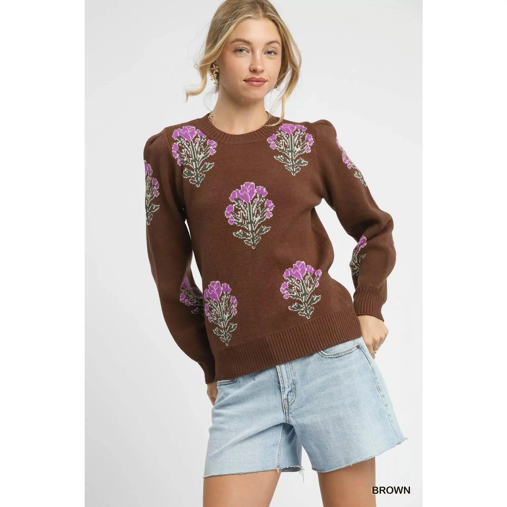 Umgee Single Flower Stem Jacquard Sweater