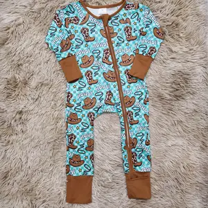 Howdy cowhide boots hat printed western wear baby boy zipper sleeper
