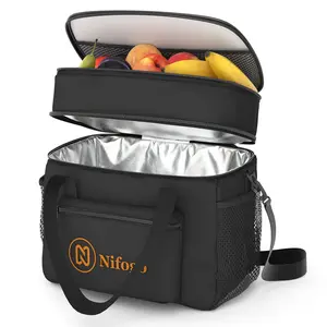 Large 15L Double Layer Insulated Lunch Bag Leakproof Portable Thermal Cooler Bag Durable Lightweight for Adult Men Women Office Outdoor Camping Beach Daily Meal Prep Black