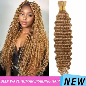 Human Braiding Hair for Boho Braids 2 Bundles 100g Deep Wave Bulk Human Boho Hair Virgin Hair for Knotless Braids Human Hair Color 27 Fresh and Fit Black Woman Blonde Braids