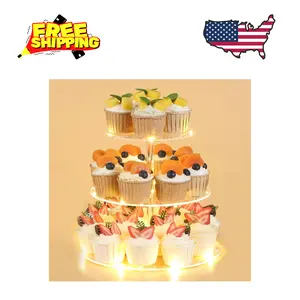 3 Tier Round Cupcake Stand Cupcake Holder, Acrylic Cupcake Tower with LED Yellow Light for 24 Cupcakes