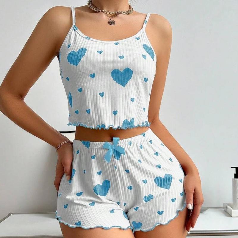 Casual Pajama Set with Cherry and Heart Print Spaghetti Strap Top and Ruffled Hem Shorts Soft Polyester Spandex Blend 95 5 180g m² Comfortable All Season Loungewear Perfect Valentine s Day Gift for Women Fabric Womenswear Everyday Feminine