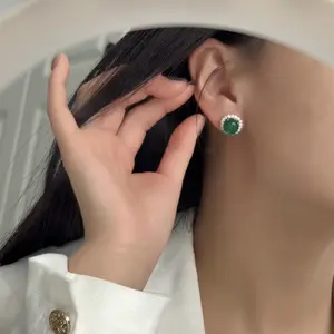 S925 Silver Needle Jasper Green Chalcedony Earrings for Women Micro-Inlaid Zircon Oval Shape Light Luxury High-Grade Earrings, Statement Earrings