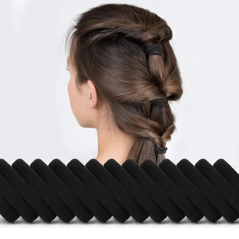 100PC Black Thick Seamless Hair Ties, Soft Fabric No Crease Hair Elastics, Stretch Non Slip Ponytail Holders for Women Thick Curly Hair, Daily Sports Hair Bands Bulk Pack