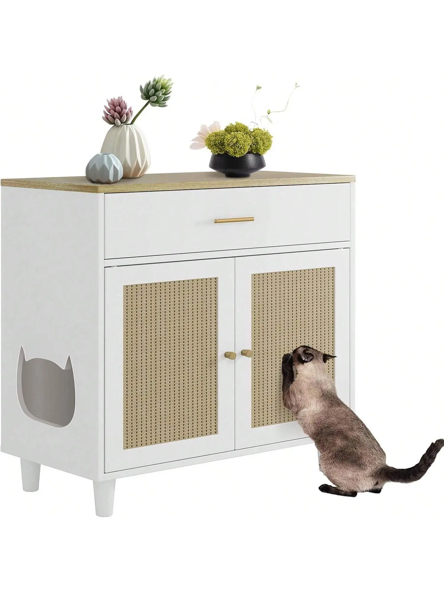 【Christmas Gift】Hidden Cat Litter Box Furniture With Storage Drawer, Wood Cats Litter Enclosure Cabinet With 2 Sisal Doors, Hidden Enclosed Kitty Litter Box Cabinet Dog Proof For Living Room White