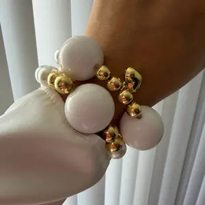White Beaded Bracelet with Heart Charm Chunky Cute Statement Jewelry Gift for Women