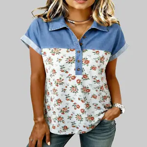 Dear-Lover Women's Collared Retro Gray Floral Print Denim Patchwork Buttoned Polo Tshirt, Chic Streetwear Shortsleeve Top with Comfy Soft Breathable Fabric - Womenswear Casual Top